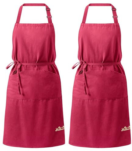 Viedouce 2 Pack Tabliers de Cuisine,Coton Tablier avec Poches pour Homme Femme, Réglable Tabliers pour Barbecue Jardin Café,Tablier Pour Chef Boulanger Serveurs Serveuse, Rouge