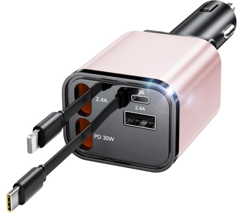 4 in 1 Einziehbares Auto Ladegerät mit Kabel Zigarettenanzünder USB