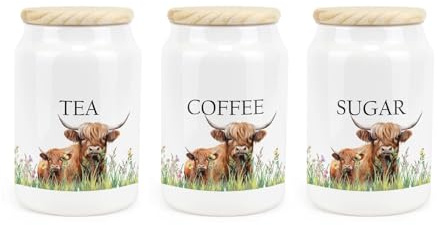 Purely Home Highland Cow Ceramic Tea Coffee Sugar Storage Canisters - Mum & Calf Farmyard Kitchen Food Storage Containers & Wooden Lid 600ml (14.5cm x 9.5cm) - Set of 3