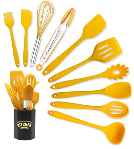 Set d'ustensiles de cuisine 11 pièces, Spatule en silicone antiadhésive avec support d'ustensiles en fer, Set d'ustensiles de cuisine en silicone
