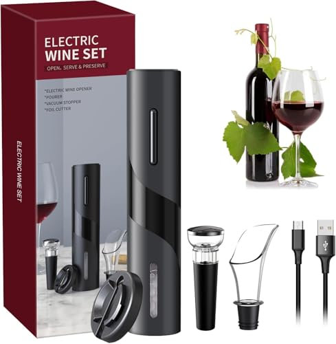 MAGDEN Tire Bouchon Electrique Rechargeable, Ouvre Bouteille Electrique Automatique avec Bec Verseur, Pompe à Vide-Bouchon, Coupe-Capsule et câble USB, Cadeau pour Amateur de Vin, Noir