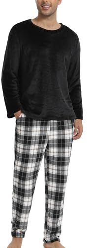 Pijamas Terciopelo Hombre Polar Suaves Grueso Cuadros Invierno Forro Camiseta Pantalón Largo Elástico Sety Ropa de Dormir Manga Larga Entretiempo Tops Cómodo Regalos para Hombres Negro+Cuadros XL