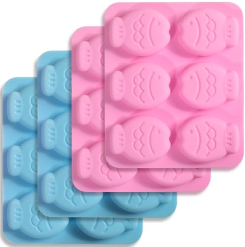 Newk fiskformade silikonformar för kakor, choklad, godis och isbitar – söt design, 2 blå och 2 rosa, perfekt för gör-det-själv bakning och hantverk (paket med 4)