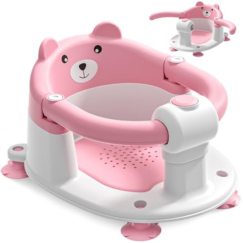 Siège de Bain pour Bébé à Partir de 6 Mois, Siège de Bain Antidérapant pour Bébé avec 4 Ventouses et Coussin, Chaise de Bain Portable et Sûre pour la Douche ou le Bain, Rose