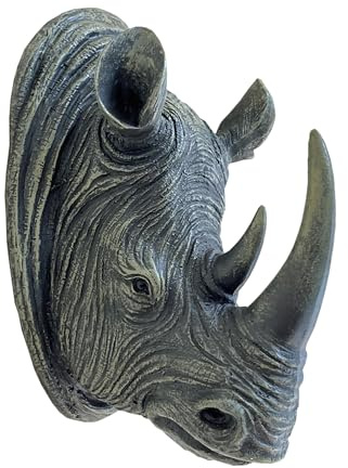 Rhino Head Wall Mount Sculpture, Hanging Rhinoceros Animal Head Ornament Figure Art Décor Resin with Vintage Grey Finish, Wildlife Indoor Outdoor Decorative Accessories (Grey Rhino Small)