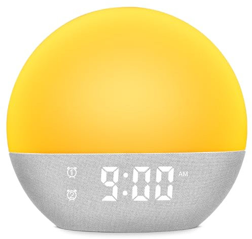 Ainiv Alarm Clock Wake Up Light with Sunrise/Sunset Simulation, 9Min Snooze Dual Alarms, 25 Sleep Sounds/FM Radio Bedroom Night Lamp, Adjustable 10+8 Colors Atmosphere Lamp, USB Port to Charge Phone
