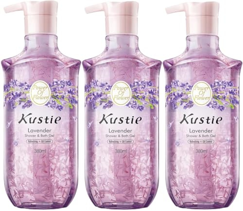Kustie Lavender Shower Gel with Real Flower Petals – Clarifying Body Wash with Tea Tree Oil, Oil Control Cleanser for Oily & Sensitive Skin, Soothing Floral Shower Gel, 3x380ml