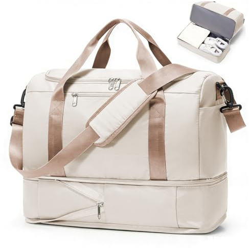 HPLQQ Weekender Resväska Dam Sportväska 40x30x20 Ryanair Handbagageväska Sjukhusväska Reseväska Badväska Träningsväska med Skofack för Flygresor, D03-Beige Brun