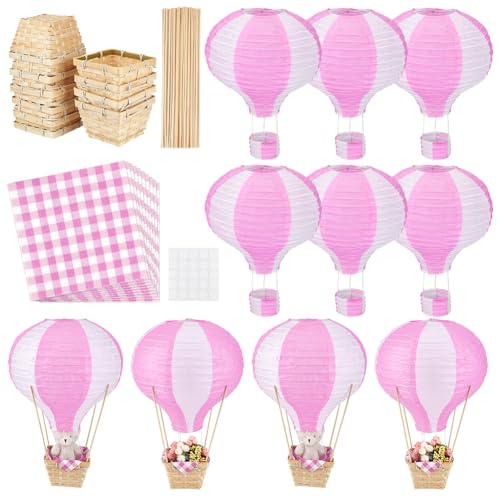 NBEADS 10 Set Centrotavola a Palloncino Aerostatico, Kit Lanterna di Carta e Ferro da 30 cm con Cesto di Bambù Stelo di Bambù e Tessuto Carta Decorazioni Fai da Te per Matrimonio, Rosa Intenso