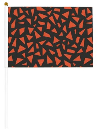 Forme angolari frammentate in arancione geometrico, piccole bandiere tenute in mano, mini bandiere su bastone per feste, attività di squadra, sfilate, decorazione per le vacanze, confezione da 10