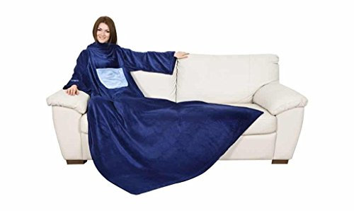 Kanguru Kuscheldecke mit ärmeln, Sofa Decke zum anziehen 210x140 cm, mit zentrale Tasche, weiche Flannel mikrofaser, tv tagesdecke, fleecedecke, tragbare und Oversize BLAU