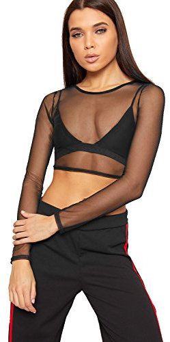 WearAll Womens Sheer Mesh Crop Top Ladies Long Sleeve Crew Neck Plain Stretch New - Black - 12-14