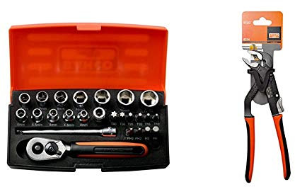 Bahco SL25 Ratchet Socket Set, Metric 1/4 Drive, 25 Pieces & 8224 Slip Joint Plier 250MM