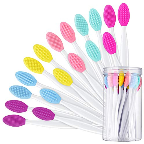 Patelai 24 Pcs Lip Scrub Brush Silicone Lip Scrubber Exfoliator with Container Double Sided Soft Cleansing Brush Tool for Men Women Lightening Dark Lips(Mixed Colors)