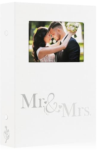Lanpn Wedding Photo Album 4x6 300 Pocket Photos Slip in, Linen Cover Large Capacity Newlywed Marriage Window Album Hold 300 Horizontal Photos (Mr & Mrs, White)