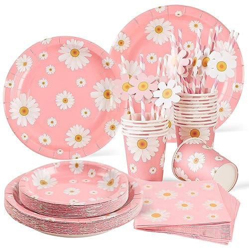 SUNBEAUTY Juego de vajilla de fiesta de margaritas blancas, flores de margaritas, decoraciones para fiestas, incluyendo platos de papel, vasos de papel, servilletas, pajitas para boda, cumpleaños