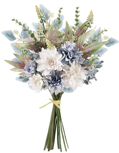 Pusuny Bouquet di fiori finti per decorazione, composizioni floreali in seta, bouquet da sposa, tavoli, centrotavola per la decorazione rustica della casa, vaso floreale da interni (blu bianco)