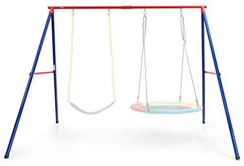 COSTWAY Metal Swing Stand for 2 Swings, A-Frame with Ground Stakes, Carabiners & Foot Caps (Red+Navy)