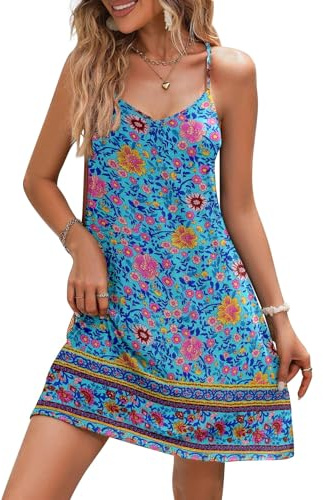 Zeagoo Vestido Boho Mujer Vestido de Tirantes Escote en V Vestido de Playa Bohemio Vestido de Verano Estampado Floral Vestido Midi Casual Minivestido Sin Mangas Vestido de Ocio