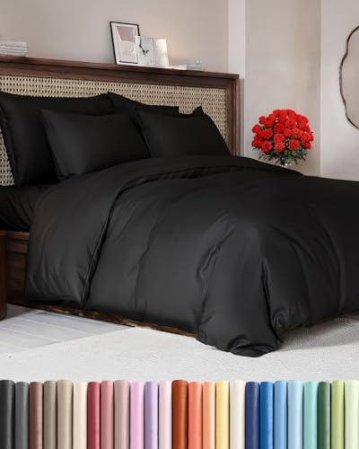 Duvet Cover Queen Size - Extra Soft 3 Piece with Zipper Closure - Black