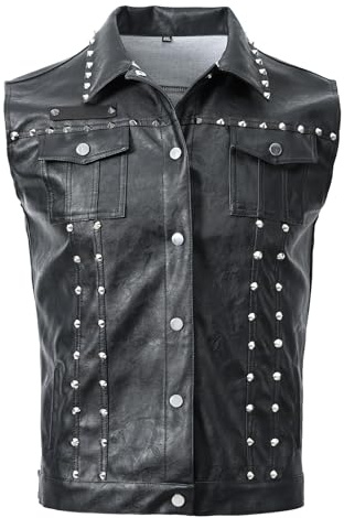 Idopy Men`s Punk Studded Faux Leather Vest Waistcoat Sleeveless Jacket With Rivet Black XL