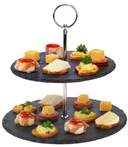 DTD QUALITY MATTERS 2-Tier Slate food Stand - Natural Slate Serving Platter for Desserts, Appetizers, Weddings, Birthdays, Parties, Holidays - Sturdy Display for Cakes - Black