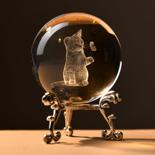WEINUO 3D Cat Lover Gifts for Women Cat Crystal Ball Paperweight | 2.4 Cat Glass Sphere Ornament for Home Cat Gifts for Mum Girls Friends