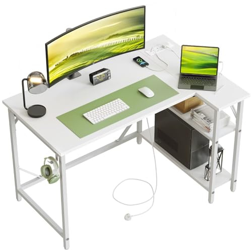DOMSHOCT Small L Shaped Gaming Desk with Power Outlets, 100x70cm Corner Computer Table with Large Reversible Storage Shelves, Home Office PC Workstation with Hooks for Writing Study, White