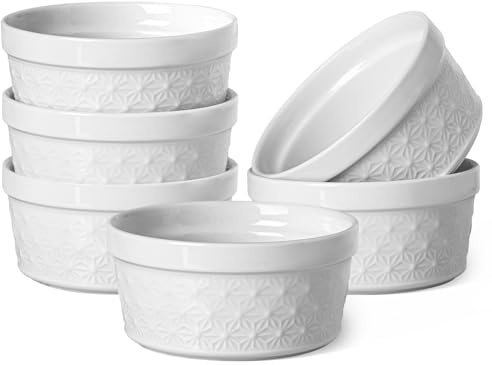Feenmai 8 oz Creme Brulee Ramekins Oven Safe - Ceramic Baking Bowls Set of 6, Porcelain Souffle Dish, White Snowflake Baking Bowls for Dessert, Pudding, Pie, Tart, Custard, Dipping Sauces