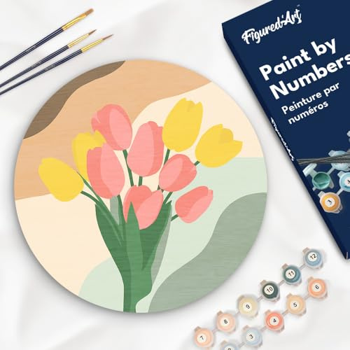 Figured'Art Peinture par Numéro Adulte sur Disque en Bois de 30cm de diamètre - Bouquet de Tulipes - Kit de Loisir Créatif DIY Numéro d'Art Complet