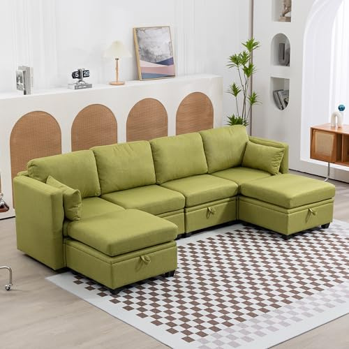 Sofá esquinero Convertible de 6 plazas, sofá de esquina, sofá de 6 plazas, sofá panorámico, sofá modulable en U con almacenamiento, reposabrazos abatibles en lino, sofá de salón