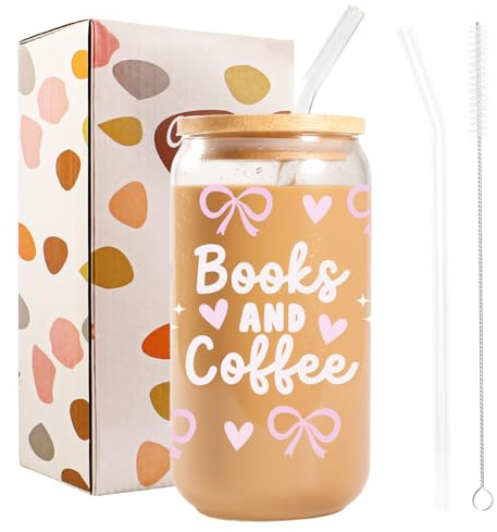 Bliceon Book Lovers Gifts for Women, Book Lover Ice Coffee Cup, 16oz Cute Glass Cups with Lids and Straws, Birthday Gift for Women and Girls, Sister, Best Friend, Cocktails, Summer Party
