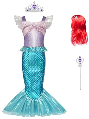 BSBUY Meerjungfrau Kostüm Mädchen Fliegende Ärmel Arielle Prinzessinnenkleid Meerjungfrau Dressup Kinder Lila Prinzessin Kleid mit Roter Perücke Krone Spazierstock Karneval Party Halloween Cosplay 120