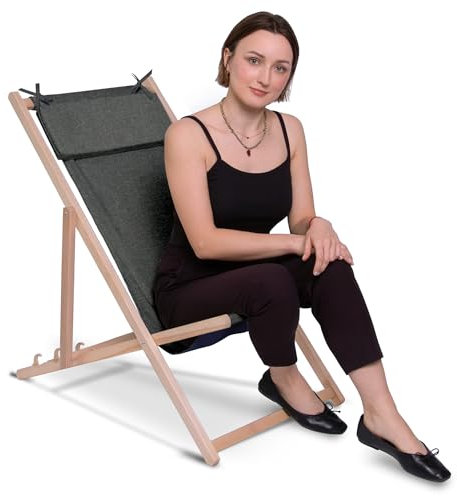 DreamRoots Liegestuhl Klappbar Holz mit Kopfstütze - Klappliegestuhl mit 3-Fach Verstellbarer Rückenlehne - Strandliege Bis 130 kg - 220 g/m² Waschbarer Polyesterbezug in Leinenoptik Stony Beach