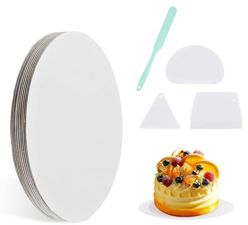 10 Pezzi Sottotorta Tondo 30 cm, Vassoio Torta Rotondo Bianco in Cartone, Piatto Torta con Raschietti e Spatola Silicone, Base Torta per Decorazione Dolci, Feste, Compleanni e Matrimoni