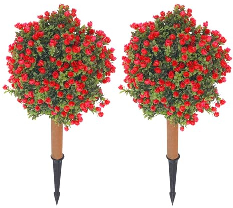 Caskunbsy Bolas de boj artificiales Topiary juego de 2 unidades, 35-40 cm con estacas, para decoración interior y exterior, plantas artificiales (rojo y verde)