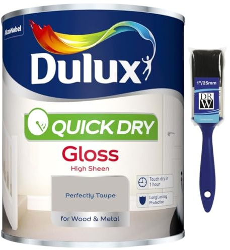 Perfectly Taupe Quick Dry Gloss Paint 750ml+ 1 Paint Brush | Interior Wood and Metal Paint | High Shine Durable Finish | Fast Drying Trim Paint for Doors Skirting Boards Radiators and Furniture