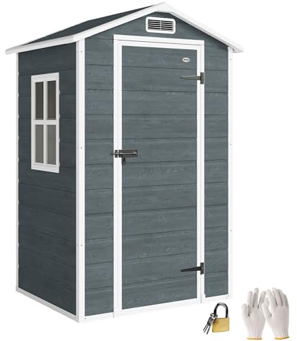 Outsunny Casetta per attrezzi 1,1 m² con finestra effetto legno, 128 x 104 x 196 cm, in plastica, capanno da giardino con tetto a due falde, ventilazione, pavimento, castello, guanti, casetta da