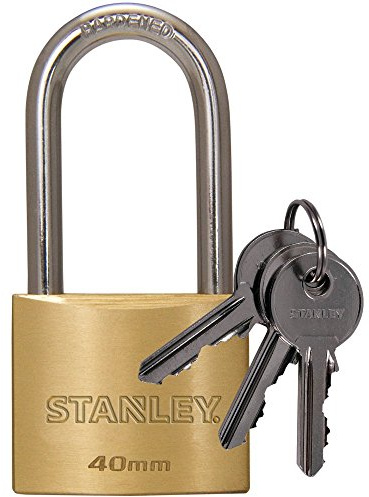 STANLEY Solid Brass Vorhangschloss 40 mm mit hohem Bügel, 3 Schlüssel, S742-043, Schloss, Bügelschloss