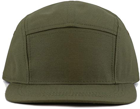 The Hat Depot Made in USA 5 Panel Genuine Leather Brass Closure Flat Brim Biker Cap (Olive)