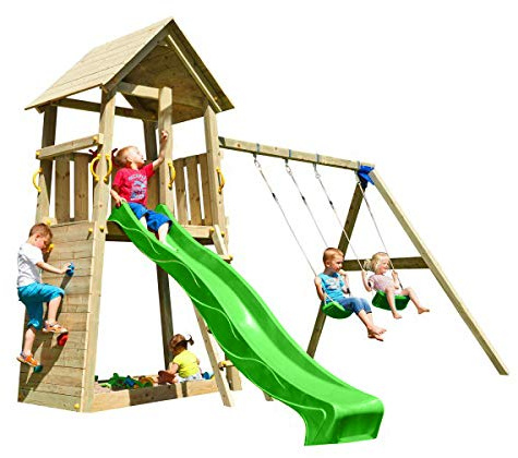 | MASGAMES | Parque infantil Torre Belvedere L | con columpio doble de dos plazas | plataforma a 120 cm de altura | Pared de escalada en lateral Uso doméstico | Anclajes incluidos |