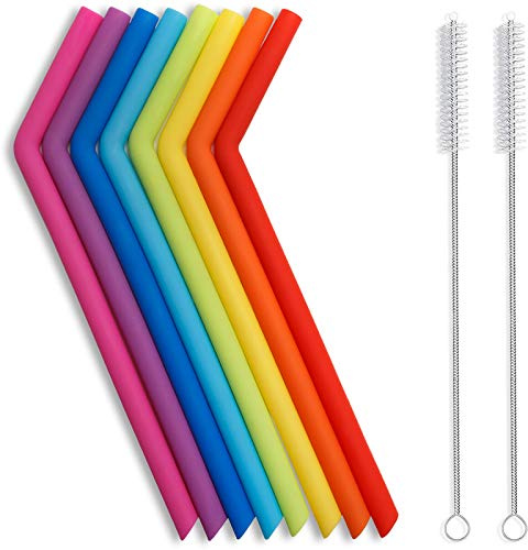 Hiware Reusable Silicone Straws, Long Flexible Silicone Drinking Straws with Cleaning Brushes for 30 oz Tumblers - 10 Pieces - BPA-Free - No Rubber Taste
