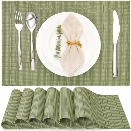 Myir JUN Table Mats Placemats Set of 6 Place Mats for Table Woven Vinyl | Washable Non-slip Outdoor Heat Insulation for Kitchen Dinning Restaurant 30x43.5 cm (Green)