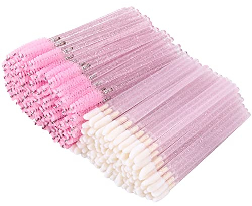 Tbestmax 200 Disposable Mascara Wand and Lipstick Applicator Wands Crystal Lip Gloss Brush Lash Spoolies for Eyelash Extensions (Pink)