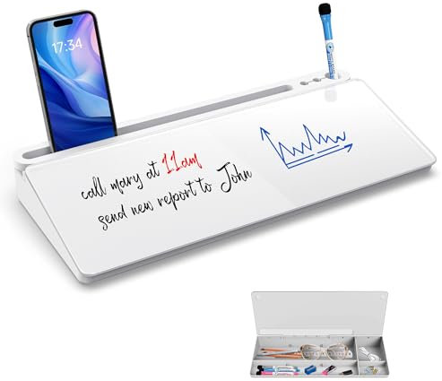 Schreibtisch Desk Organizer Whiteboard - Für kurze Notizen & Erinnerungen, Aus weißem Glas mit Schublade und Zubehörfach, Kompakter Schreibtisch Organizer White Board (Pad/Handy nicht enthalten)