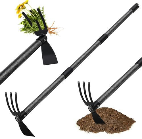 Lilyvane Hoe Garden Tool,45 Inch Long Garden Hoe and Cultivator, Garden Hand Tiller with Long Handle,Heavy Duty Garden Tools Hoe Cultivator for Gardening,Weeding, Tilling,Lossening Soil,Planting