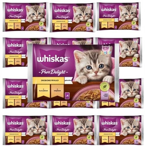 Whiskas Junior Pure Delight Geflügel Ragout in Gelee Katzennassfutter Huhn und Truthahn, 52 Portionsbeutel, 13x4x85g – Hochwertiges Katzenfutter nass, für heranwachsende Katzen von 2 bis 12 Monaten