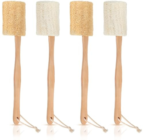 Bokon 4 Pack Natural Exfoliating Loofah Bath Back Brush Loofah Back Scrubber Long Handle for Shower Exfoliating Body Scrubber Luffa Sponge on a Stick for Men and Women, Cleans Hard to Reach Areas