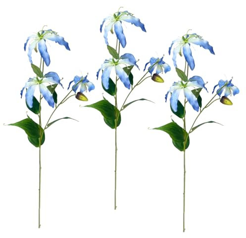 ZHDOKA Lot de 3 Fleurs de Lys Artificielles, 81,3 Cm de Long, Tige de Lys Artificiels avec 3 Têtes de Lys à Pleine Floraison et Feuilles Vertes, Bouquets de Lys Artificiels au Toucher Réel(Bleu)