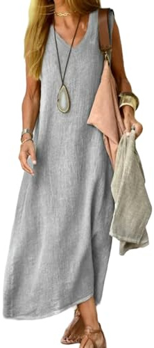 Vestidos de Verano 2024 para Mujer, Vestido Largo sin Mangas con Cuello en V, Vestidos de Playa de Color sólido, Vestido Informal Suelto de Lino y algodón